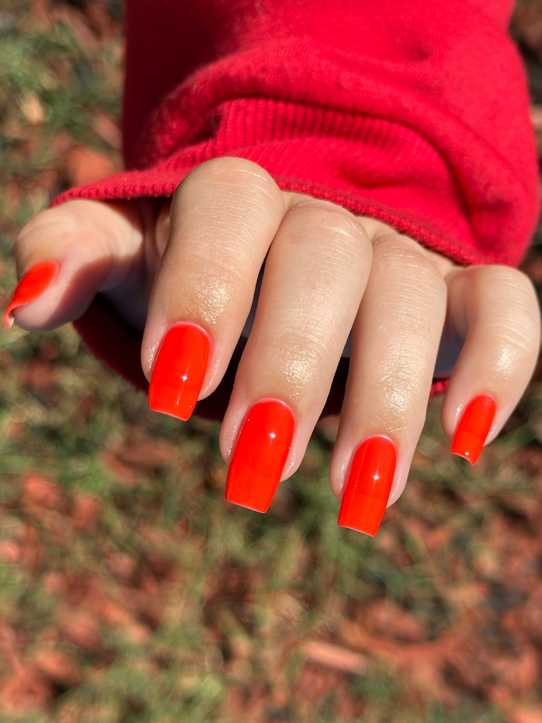 Palestinian Poppy by Glitch Lacquer, warm red crelly swatch on light skin tone