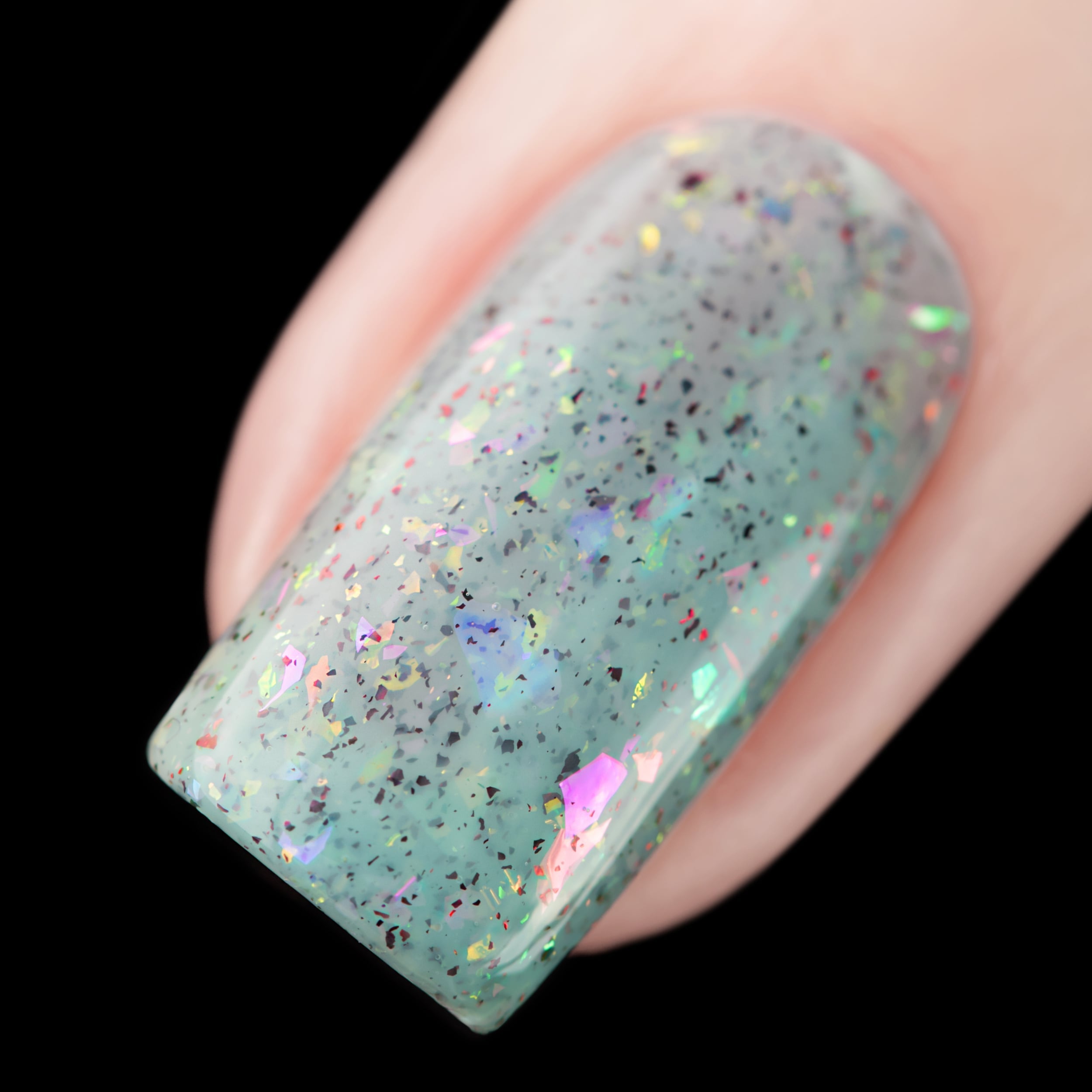 Cadillacquer Fresh Sheets pastel mint iridescent crelly nail polish, swatched on one nails, light skin, studio lighting, by @rafinails