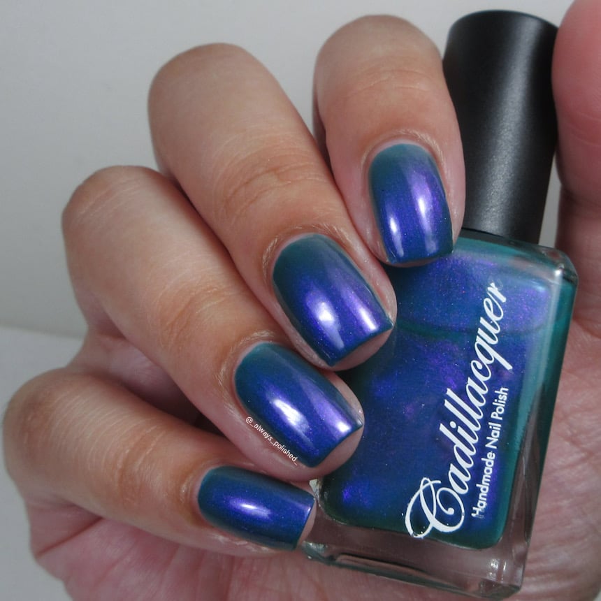 Multichrome shimmer Cadillacquer nail polish in It's All For You, shown on four squoval nails with bottle in hand, shifting from deep teal green to violet-purple shimmer at various angles, light skin tone, studio lighting, swatched by @_always_polished_