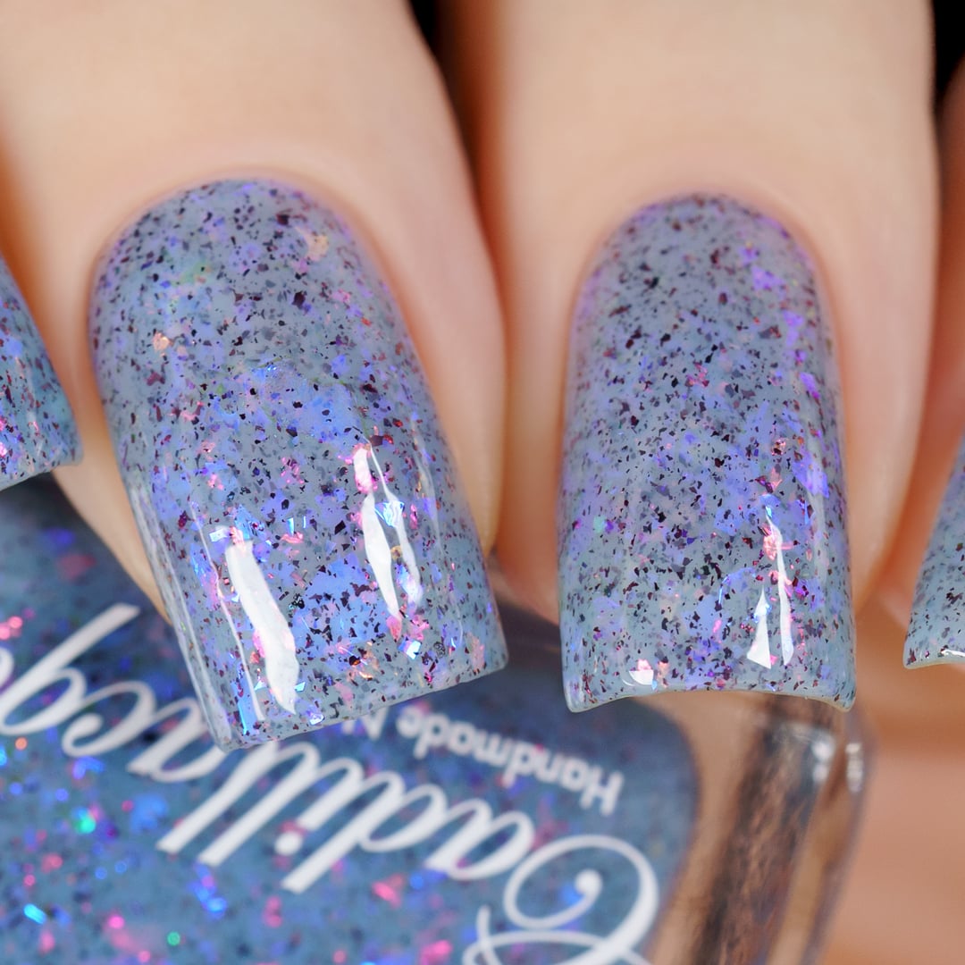 Cadillacquer Just Breathe pastel blue iridescent crelly nail polish, swatched on four nails, light skin, studio lighting, by @yyulia_m