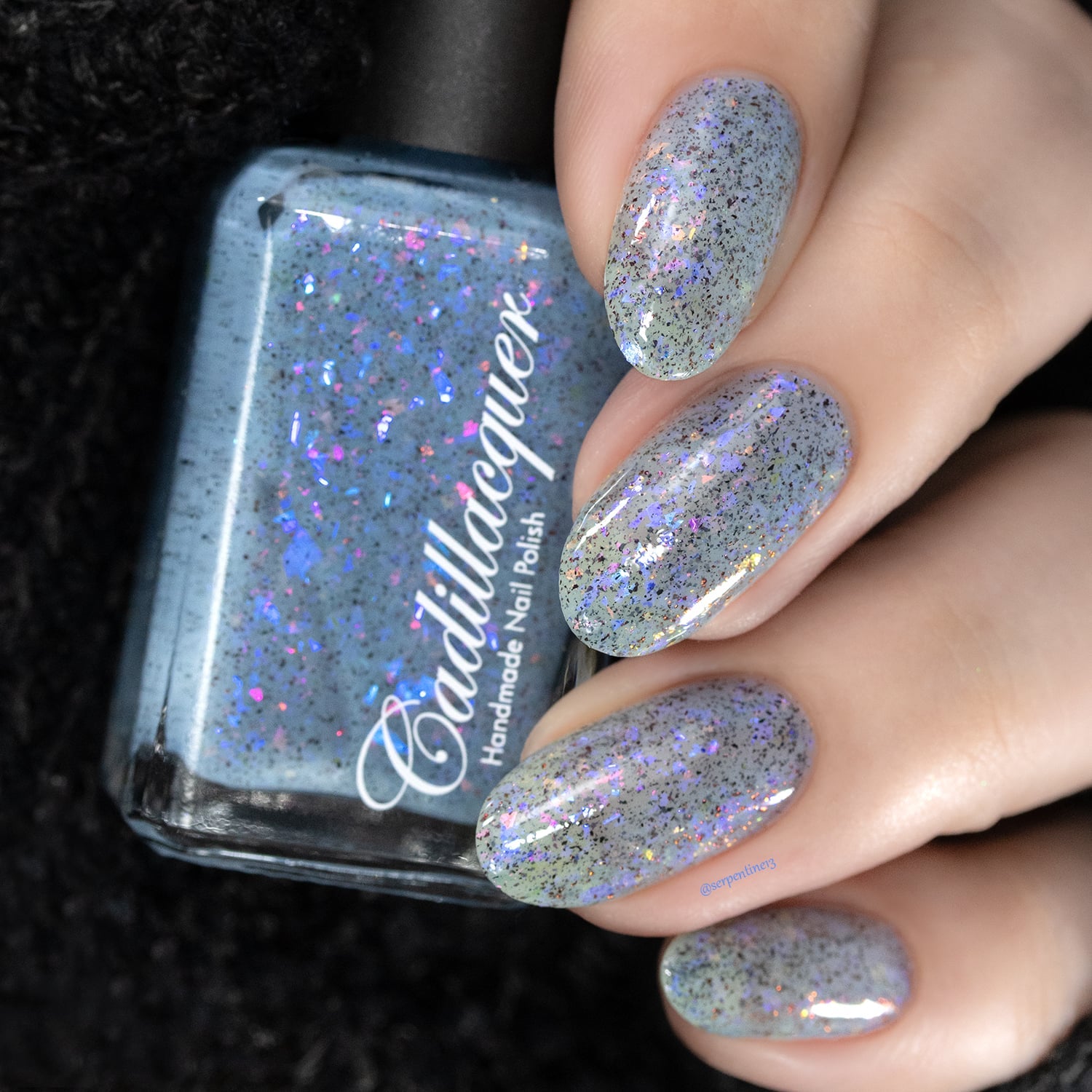 Cadillacquer Just Breathe pastel blue iridescent crelly nail polish, swatched on eight nails, light skin, studio lighting, by @serpentine13