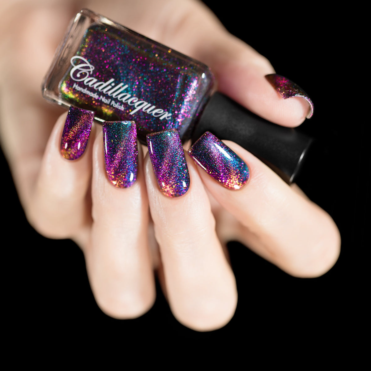 Cadillacquer Like A Storm multichrome magnetic nail polish swatched on nails, swatched by @rafinails