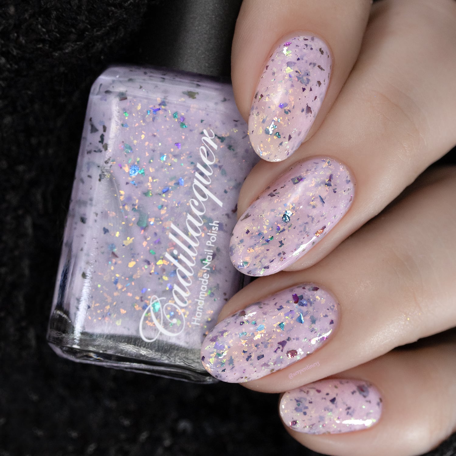 Cadillacquer Sweet Nothing pink teal chameleon iridescent crelly nail polish, swatched on five nails, light skin, studio lighting