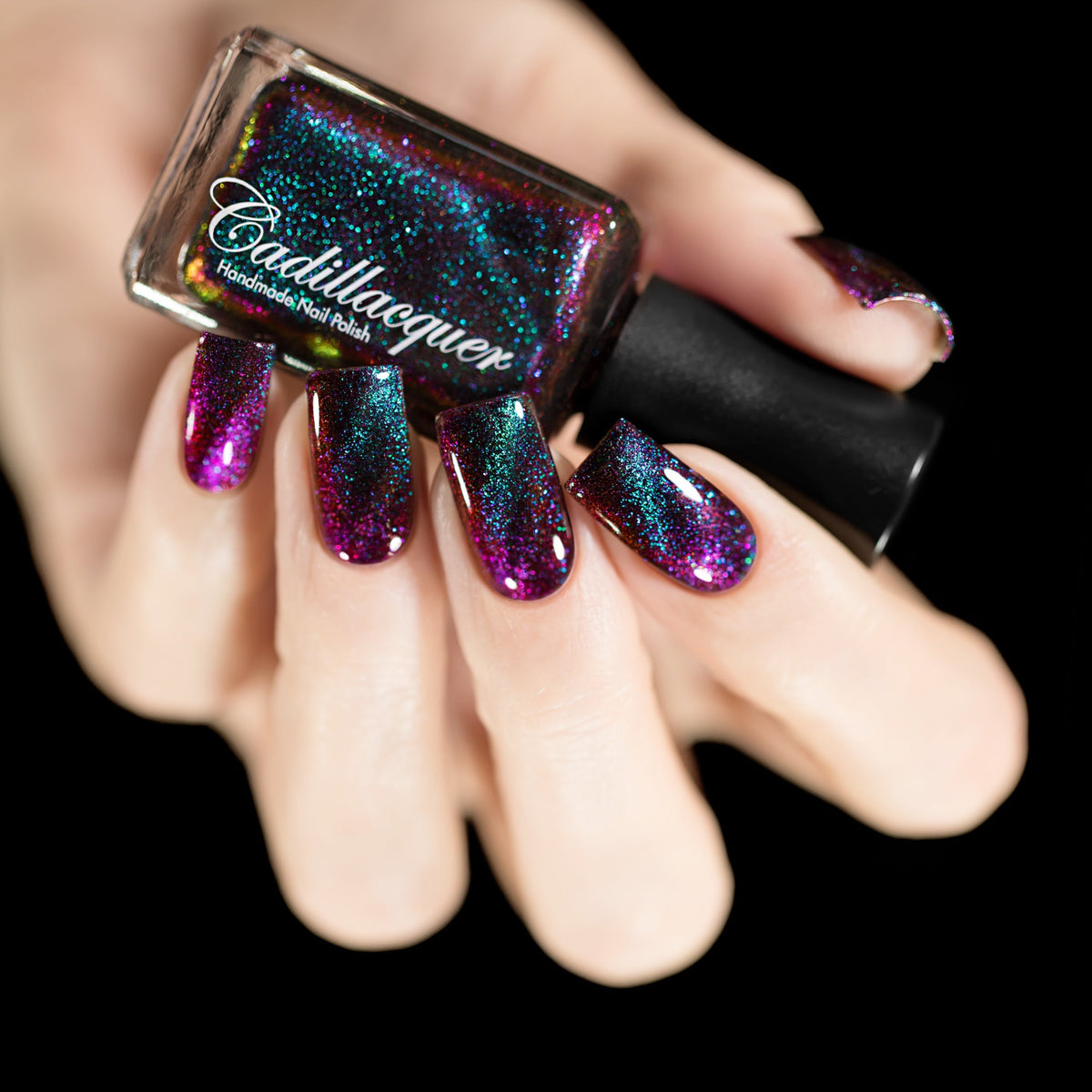 Cadillacquer The Darkest Night dark multichrome magnetic nail polish swatched on nails, swatched by @rafinails