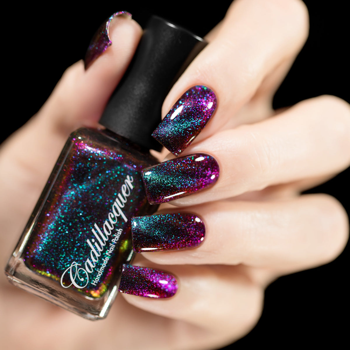 Cadillacquer The Darkest Night nail polish swatch with red shift and magnetic flakies, swatched by @rafinails