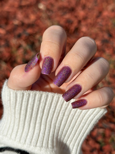 Keys to the Kingdom by Glitch Lacquer, berry multichrome holo swatch on light skin, squoval nails