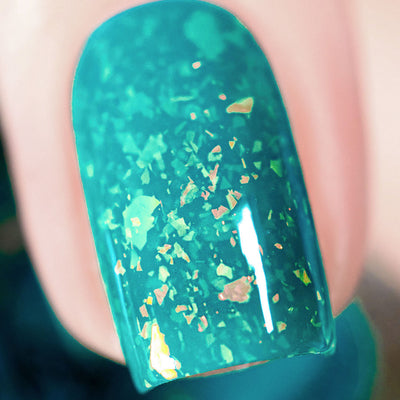 Kuang Si Falls by Chamaeleon Nails, macro close-up of copper, orange, and gold shifting multichrome flakies in neon teal jelly base