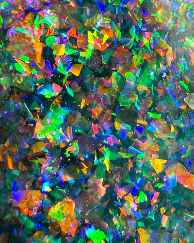 Medo by Glitch Lacquer, macro close-up of dense iridescent rainbow flakies