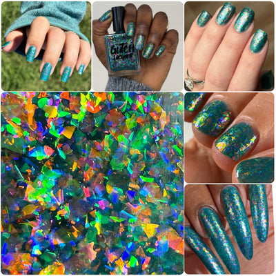Medo by Glitch Lacquer, teal jelly with iridescent rainbow flakies across multiple skin tones