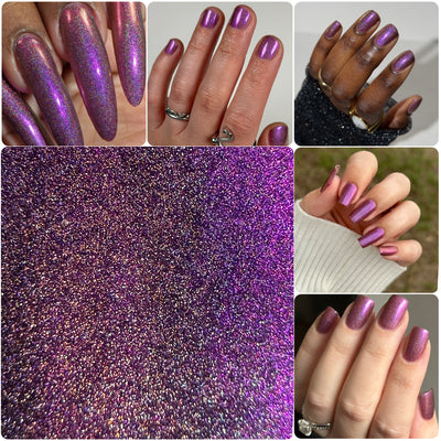 Keys to the Kingdom by Glitch Lacquer, berry multichrome holo swatched across multiple skin tones
