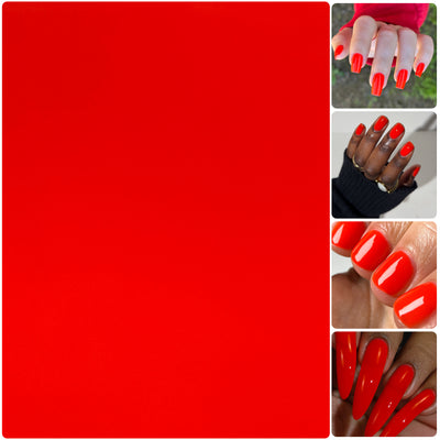 Palestinian Poppy by Glitch Lacquer, warm red crelly swatched across multiple skin tones
