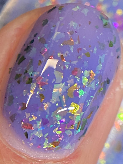 Cadillacquer Don't Worry purple pink chameleon iridescent crelly nail polish, macro single-nail swatch, light skin, bright daylight lighting