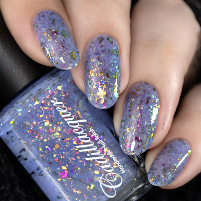 Cadillacquer Don't Worry purple pink chameleon iridescent crelly nail polish, swatched on four nails, light skin, studio lighting