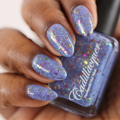 Cadillacquer Don't Worry purple pink chameleon iridescent crelly nail polish, swatched on eight nails, deep skin, studio lighting