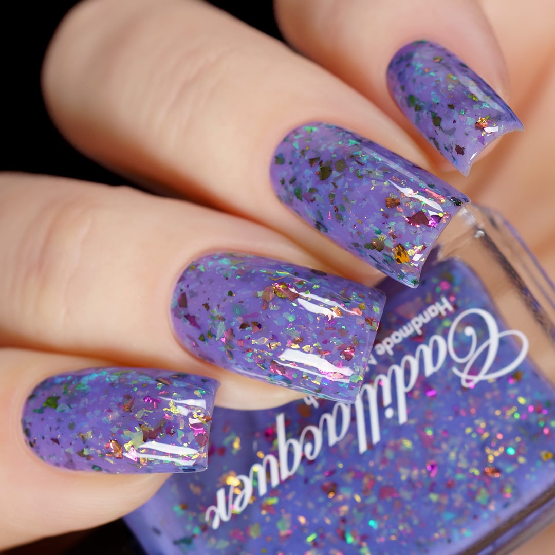 Cadillacquer Don't Worry purple pink chameleon iridescent crelly nail polish, swatched on eight nails, light skin, studio lighting