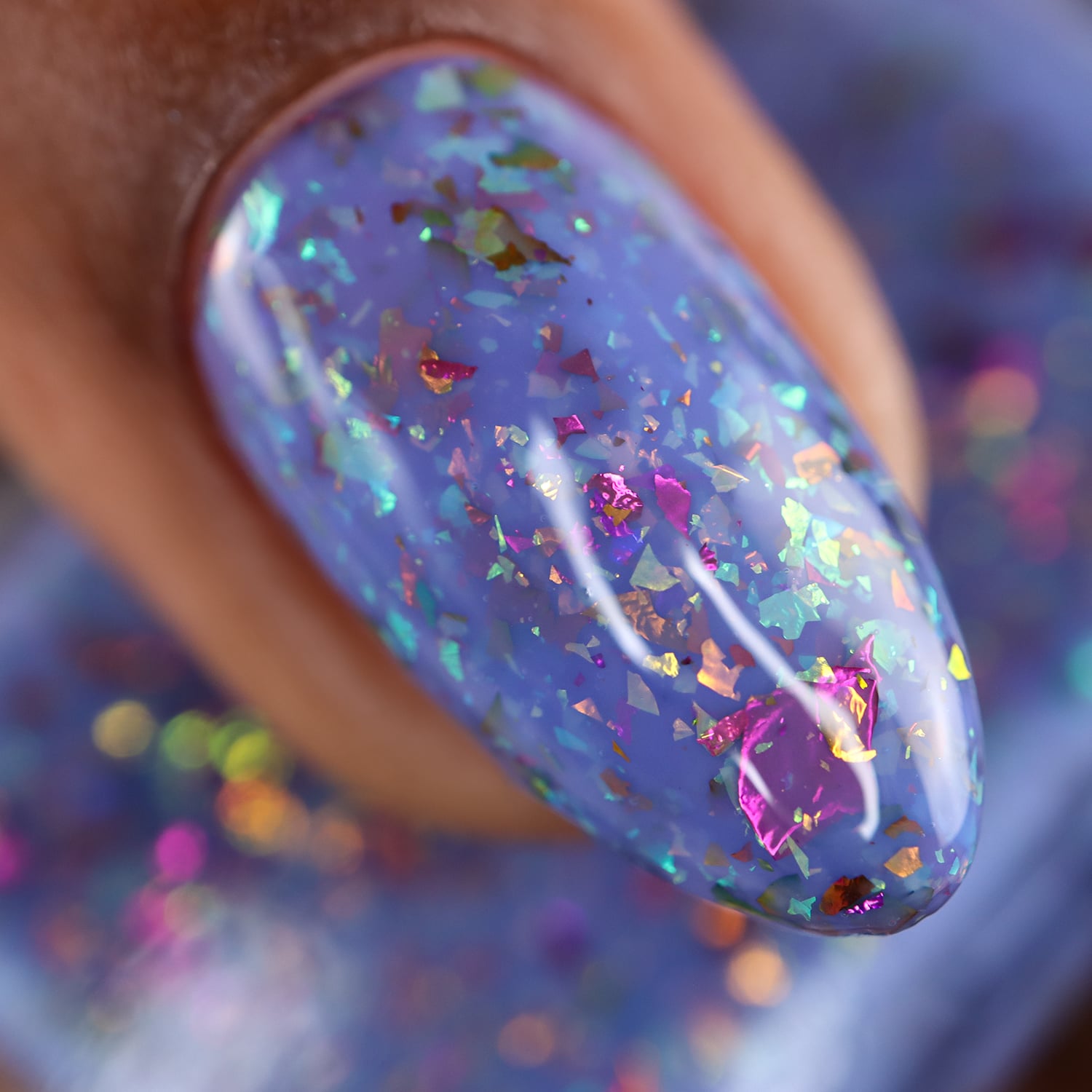 Cadillacquer Don't Worry purple pink chameleon iridescent crelly nail polish, macro single-nail swatch, light-medium skin, studio lighting
