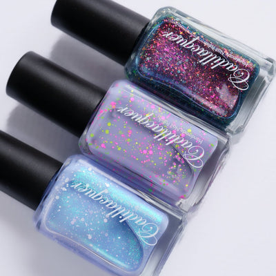 Cadillacquer Facebook Trio nail polish bottles together
