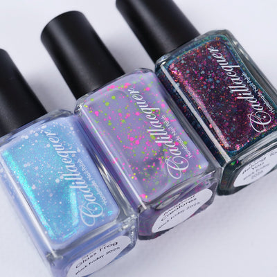 Cadillacquer Facebook Trio lilac, pastel blue and dark blue nail polish bottles