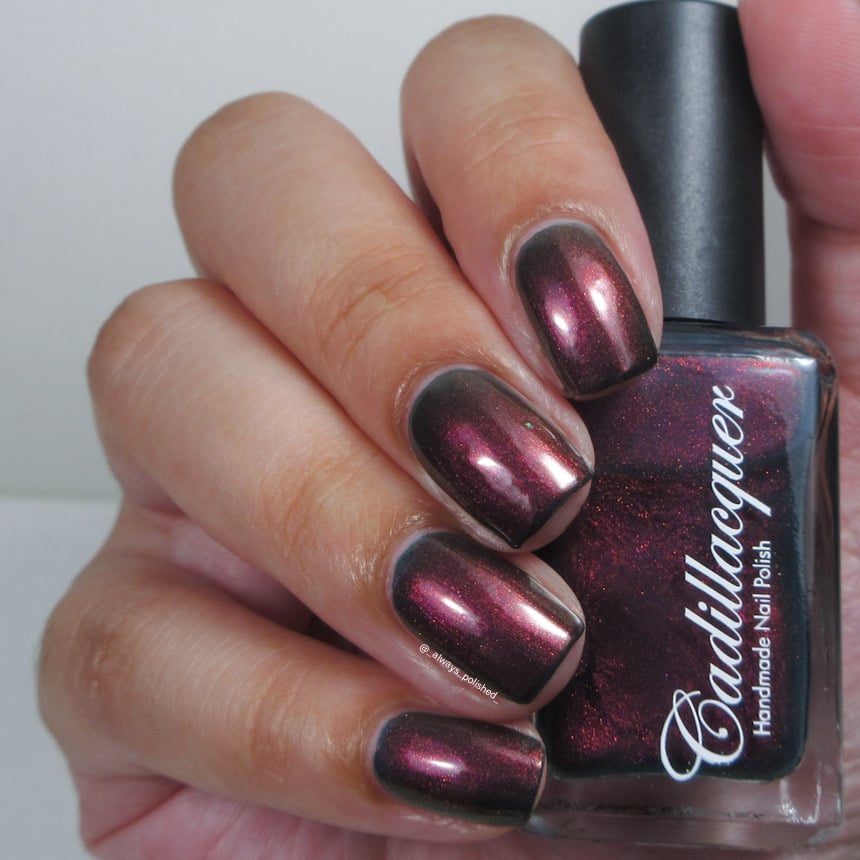 Shimmer Cadillacquer nail polish in Fear What You Will Become, shown swatched on eight short natural nails held alongside the bottle, the very dark blackened plum base packed with shifting magenta-rose to copper-orange shimmer, on light skin tone, indoor warm lighting, swatched by @_always_polished_