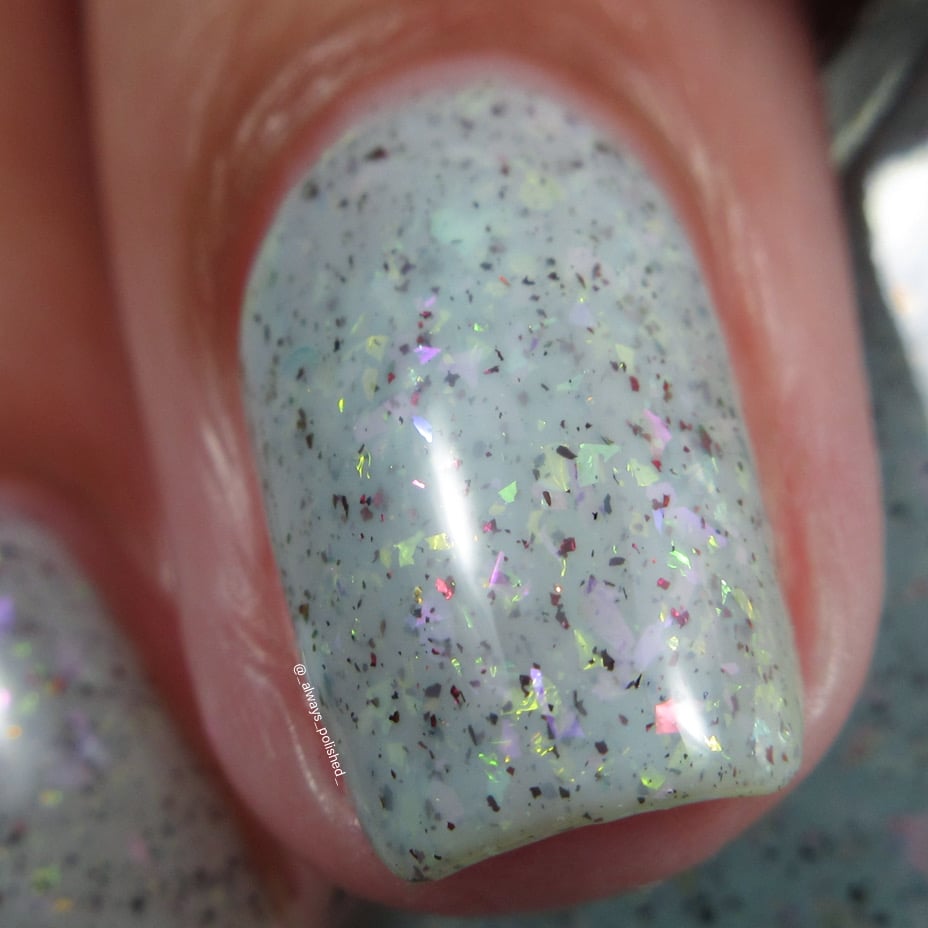 Cadillacquer Fresh Sheets pastel mint iridescent crelly nail polish, swatched on one nails, light-medium skin, bright daylight lighting