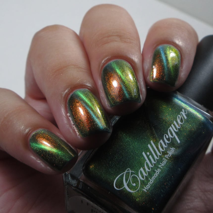 Magnetic multichrome Cadillacquer nail polish in I Found A Place, shown as a swatch on eight short natural nails held alongside the dark Cadillacquer bottle, displaying a deep forest green field with a vivid copper-orange magnetic cat-eye band and shifting lime green and teal aurora shimmer, light-medium skin tone, indoor warm lighting, swatched by @_always_polished_