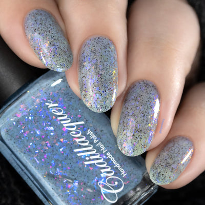 Cadillacquer Just Breathe pastel blue iridescent crelly nail polish, swatched on four nails, light skin, studio lighting, by @serpentine13