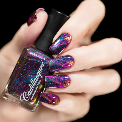 Cadillacquer Like A Storm nail polish swatch with magenta and yellow flakies, swatched by @rafinails