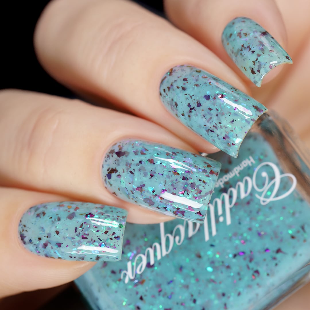Cadillacquer Pastel Thoughts pastel teal purple chameleon iridescent crelly nail polish, swatched on eight nails, light skin, studio lighting
