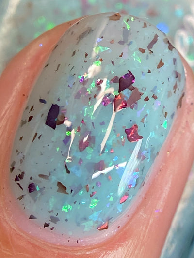 Cadillacquer Pastel Thoughts pastel teal purple chameleon iridescent crelly nail polish, macro single-nail swatch, light-medium skin, bright daylight lighting