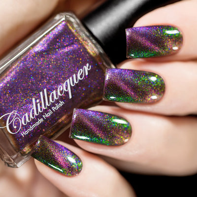 Magnetic shimmer Cadillacquer nail polish in Self Destruct, a dark base with subtle purple magnetic and yellow to green shimmer, swatched by @rafinails