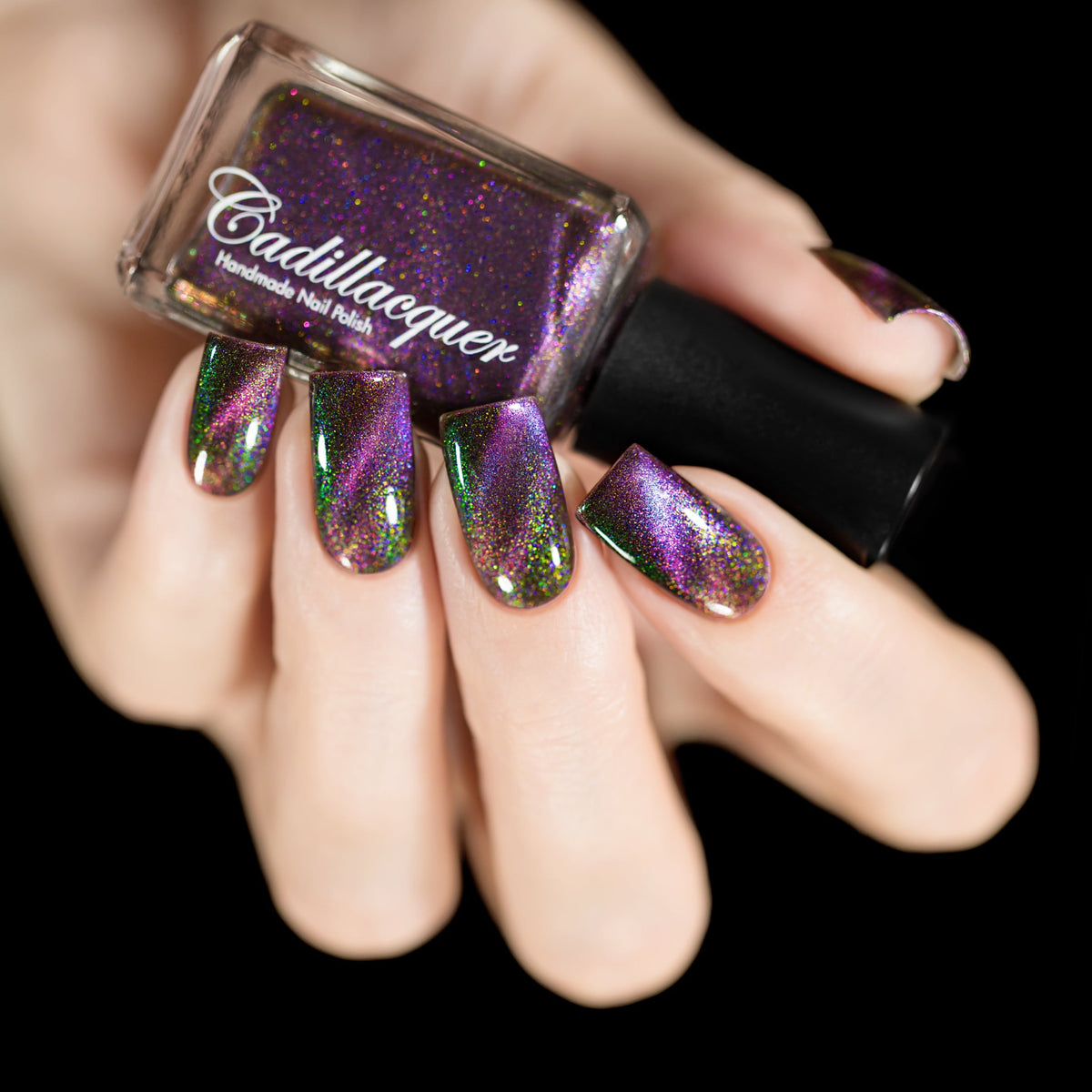 Cadillacquer Self Destruct dark magnetic nail polish swatched on nails, swatched by @rafinails