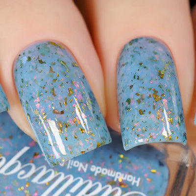 Cadillacquer Slow Mornings light blue gold chameleon iridescent crelly nail polish, swatched on four nails, light skin, studio lighting