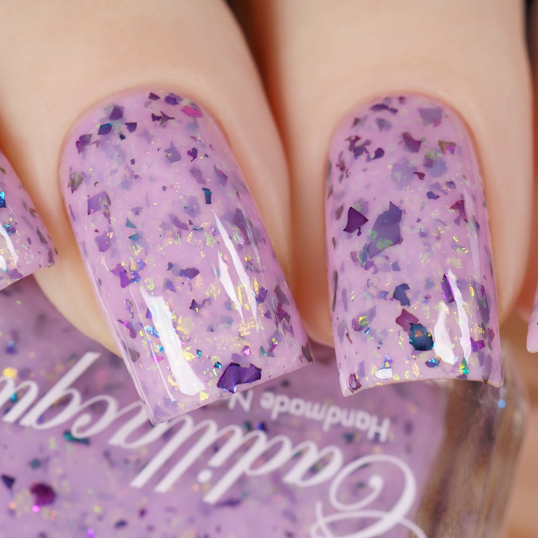 Cadillacquer Sweet Nothing pink teal chameleon iridescent crelly nail polish, swatched on four nails, light skin, studio lighting