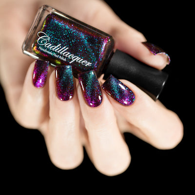 Cadillacquer The Darkest Night dark multichrome magnetic nail polish swatched on nails, swatched by @rafinails